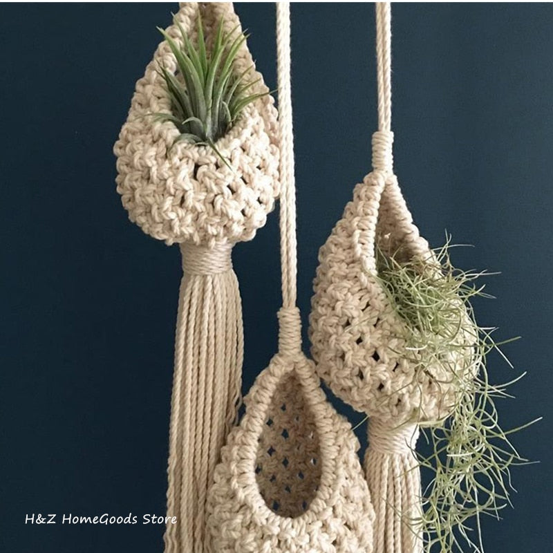 Macrame Rope Plant Wall Hanging Tassel Flower Basket Net Bag Tapestry Cotton Boho Chi Woven Wall Art For Apartment Dorm