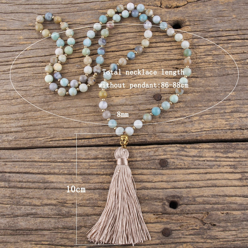 Fashion Bohemian Tribal Beige Tassel Yoga Jewelry Amazonite Stone Buddha Necklace For Women Lariat Necklaces