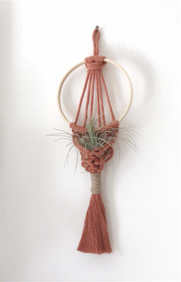 Colorful Macrame Air Plant Holder Boho Wall Hanging Tapestry Pod Hanger Tassel Flower Basket Net Bag Woven Wall Art Home Decor