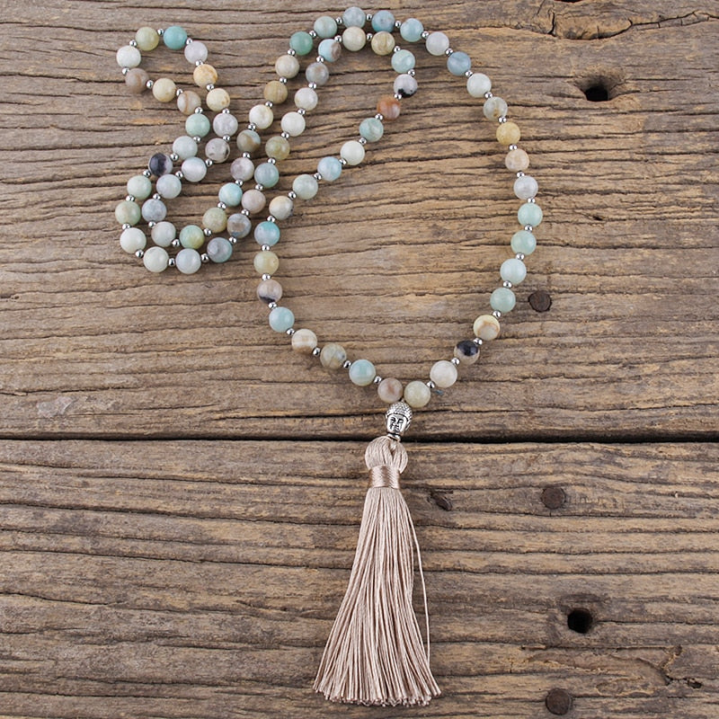 Fashion Bohemian Tribal Beige Tassel Yoga Jewelry Amazonite Stone Buddha Necklace For Women Lariat Necklaces