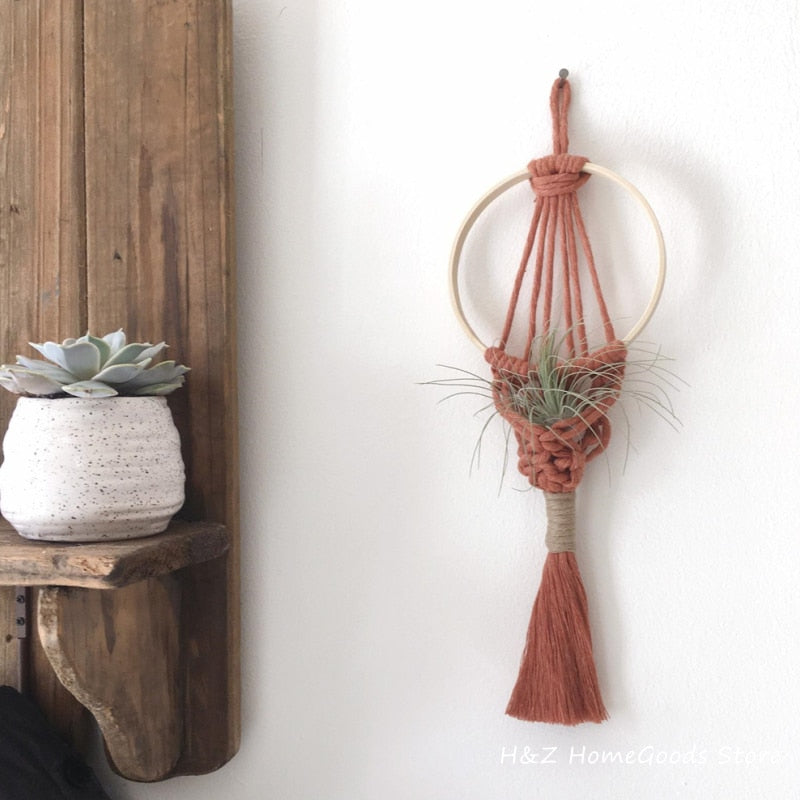 Colorful Macrame Air Plant Holder Boho Wall Hanging Tapestry Pod Hanger Tassel Flower Basket Net Bag Woven Wall Art Home Decor