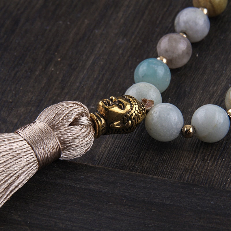 Fashion Bohemian Tribal Beige Tassel Yoga Jewelry Amazonite Stone Buddha Necklace For Women Lariat Necklaces