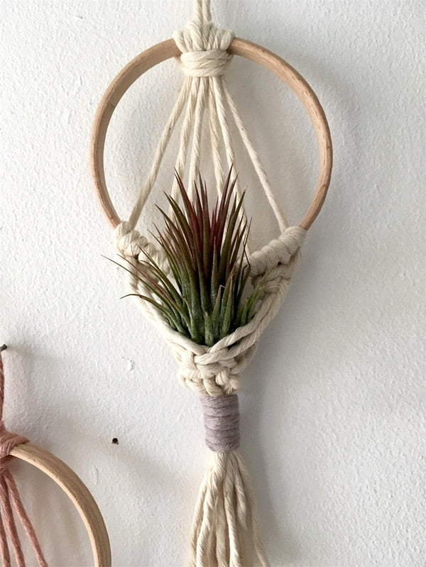 Colorful Macrame Air Plant Holder Boho Wall Hanging Tapestry Pod Hanger Tassel Flower Basket Net Bag Woven Wall Art Home Decor