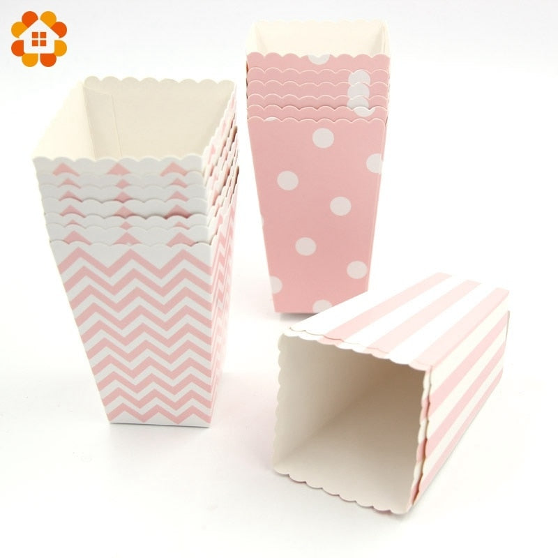 New! 12PCS/Lot Popcorn Box/Cup Pink Theme Party Decoration For kids Happy Birthday Christmas Wedding Party Baby Shower Supplies