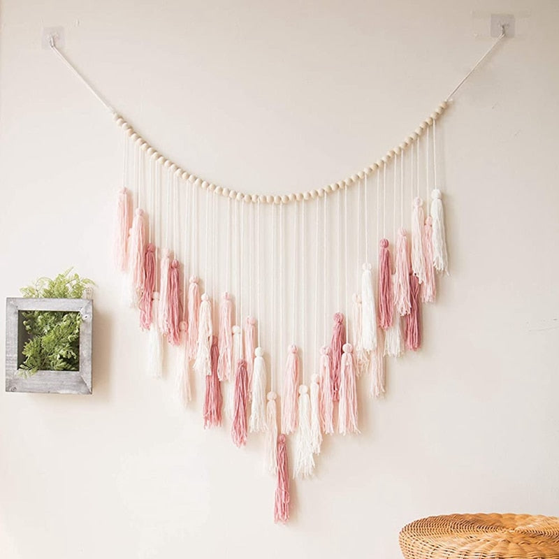 Macrame Wall Hanging-Large Macrame Wall Hanging with Wood Beads-Bohemian Wall Decor for Bedroom and Living Room