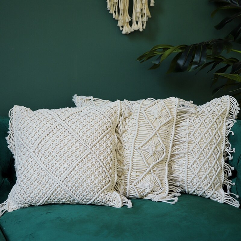 Throw Pillow Covers Woven Boho Macrame Cushion Case for Bed Sofa Couch Bench Car Home Decor Comfy Square Pillow Cases with