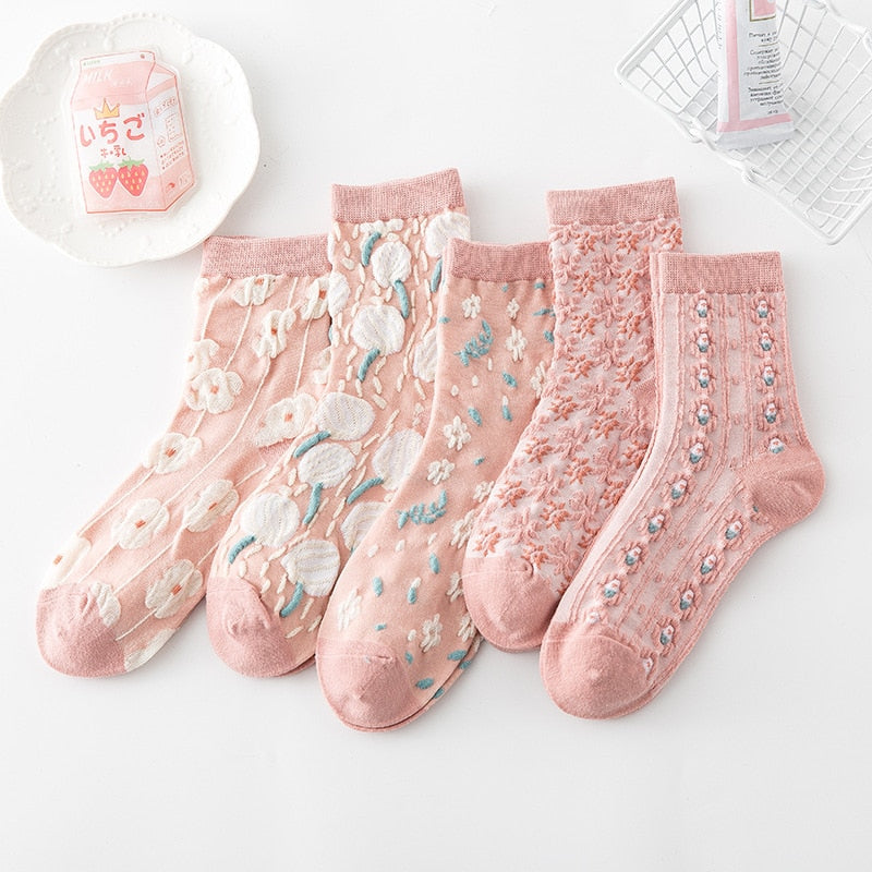 5Pairs/set 2021 3D Floral Socks Women's Socks Palace Retro Ladies Cotton Socks Embossed Pink Floral Combed Cotton Socks Kawaii