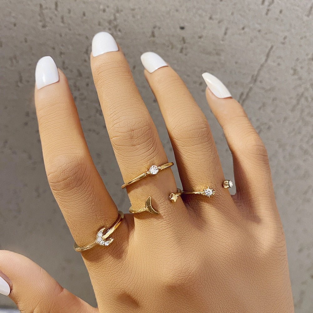 LATS Bohemian Gold Color Chain Rings Set for Women Fashion Boho Coin Snake Moon Star Rings Party 2022 Female Trend Jewelry Gifts