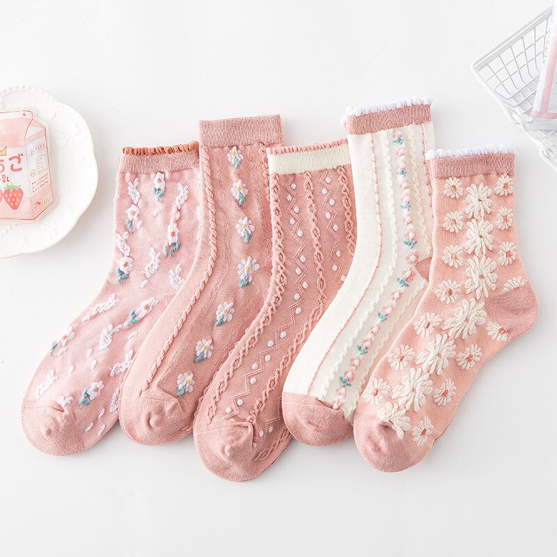 5Pairs/set 2021 3D Floral Socks Women's Socks Palace Retro Ladies Cotton Socks Embossed Pink Floral Combed Cotton Socks Kawaii