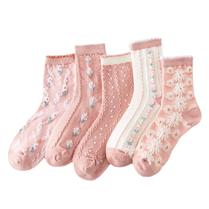 5Pairs/set 2021 3D Floral Socks Women's Socks Palace Retro Ladies Cotton Socks Embossed Pink Floral Combed Cotton Socks Kawaii