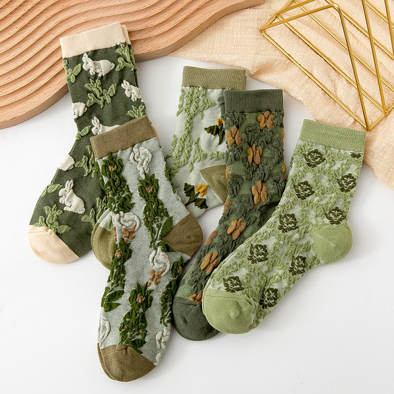 5Pairs/set 2021 3D Floral Socks Women's Socks Palace Retro Ladies Cotton Socks Embossed Pink Floral Combed Cotton Socks Kawaii