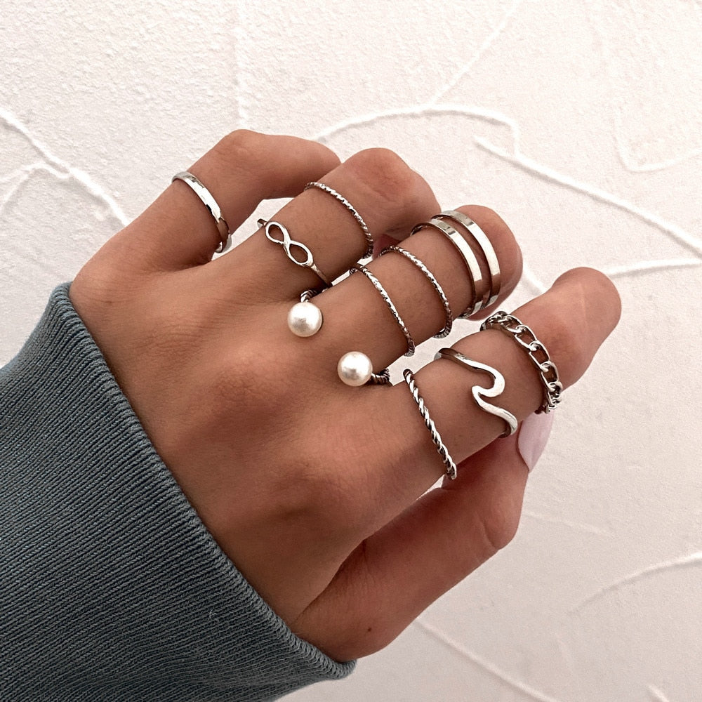 LATS Bohemian Gold Color Chain Rings Set for Women Fashion Boho Coin Snake Moon Star Rings Party 2022 Female Trend Jewelry Gifts