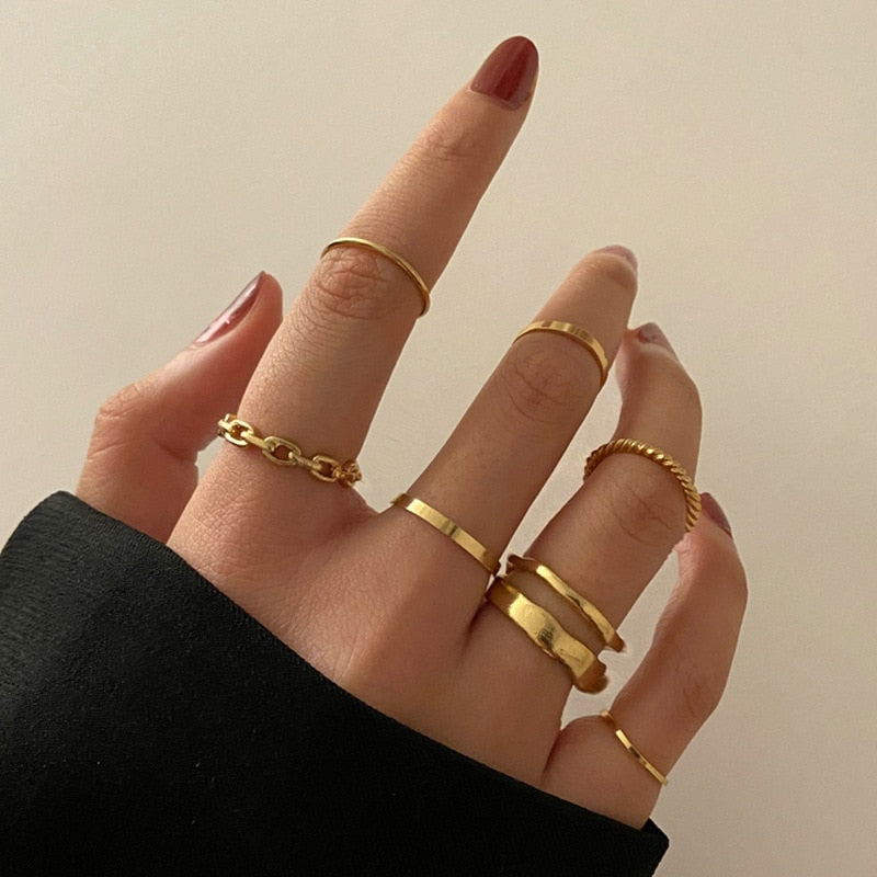 LATS Bohemian Gold Color Chain Rings Set for Women Fashion Boho Coin Snake Moon Star Rings Party 2022 Female Trend Jewelry Gifts