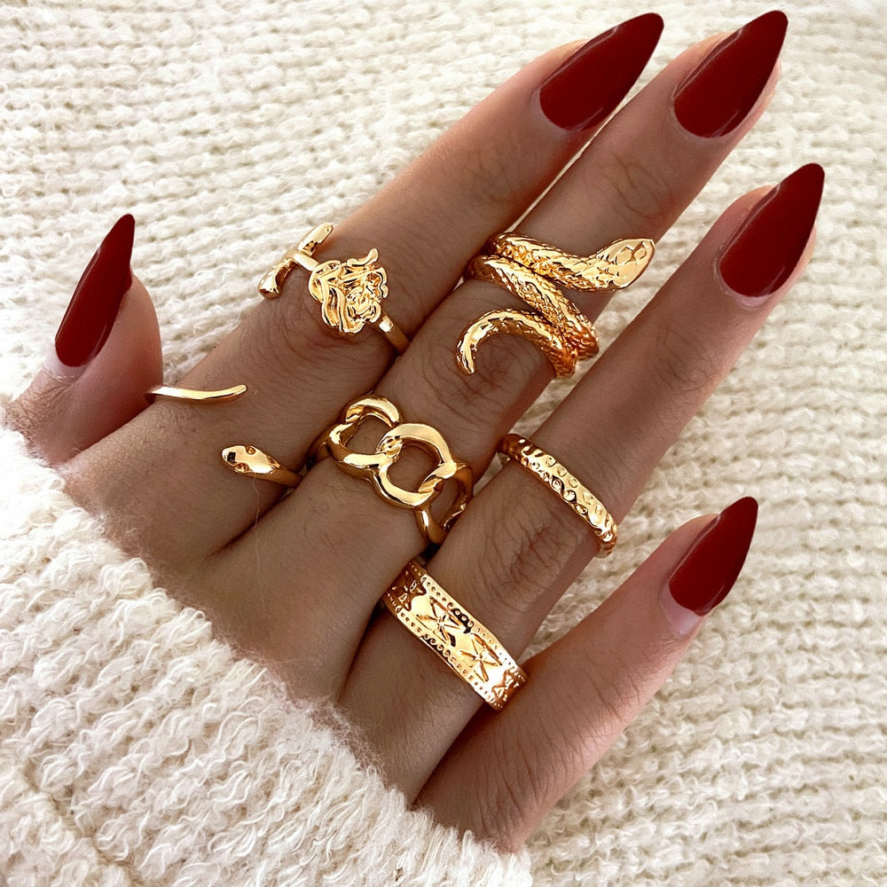 LATS Bohemian Gold Color Chain Rings Set for Women Fashion Boho Coin Snake Moon Star Rings Party 2022 Female Trend Jewelry Gifts