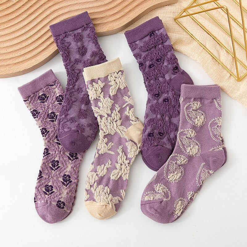 5Pairs/set 2021 3D Floral Socks Women's Socks Palace Retro Ladies Cotton Socks Embossed Pink Floral Combed Cotton Socks Kawaii