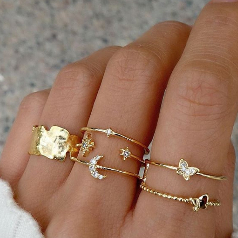 LATS Bohemian Gold Color Chain Rings Set for Women Fashion Boho Coin Snake Moon Star Rings Party 2022 Female Trend Jewelry Gifts